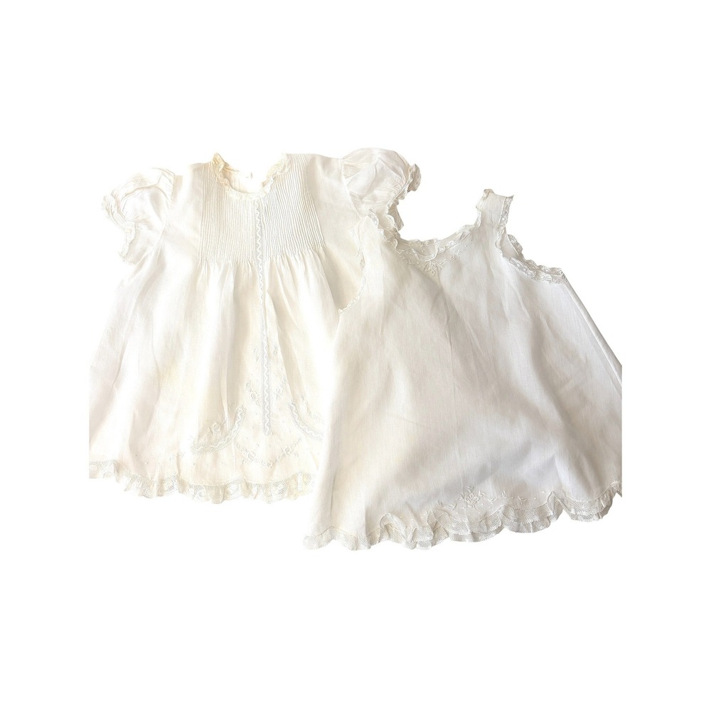 Vtg 50s FELTMAN BROS White Baby Christening Dress Slip Set Embroidered Heirloom